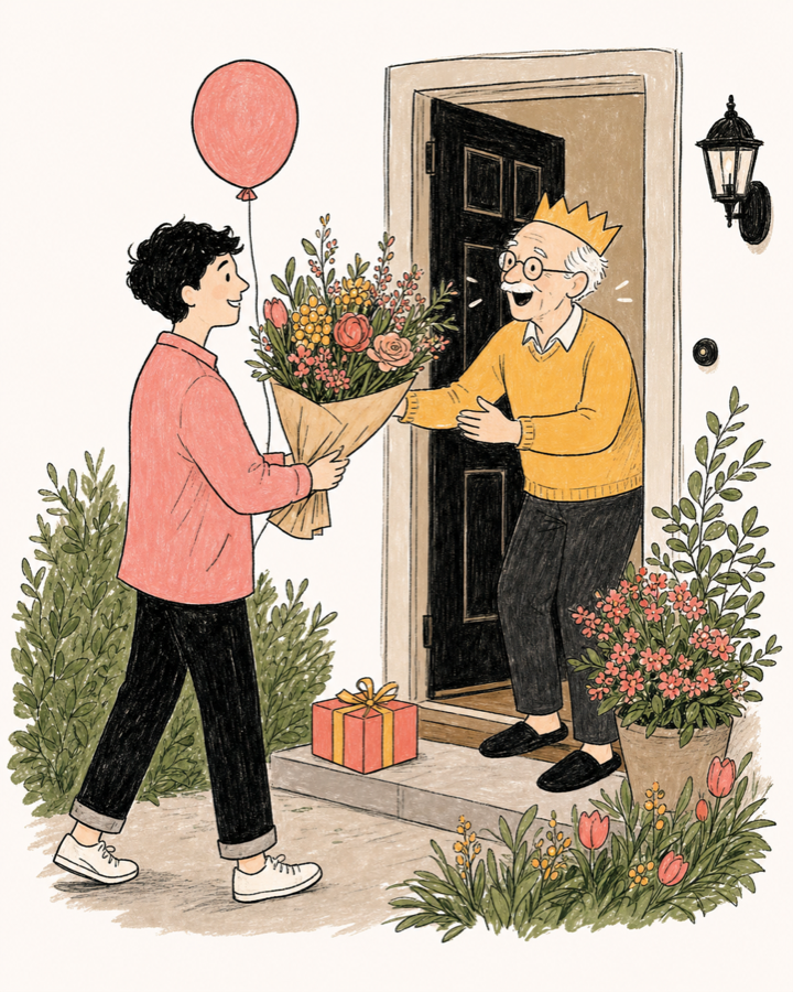 Un homme offre un bouquet à son grand-père pour son anniversaire
