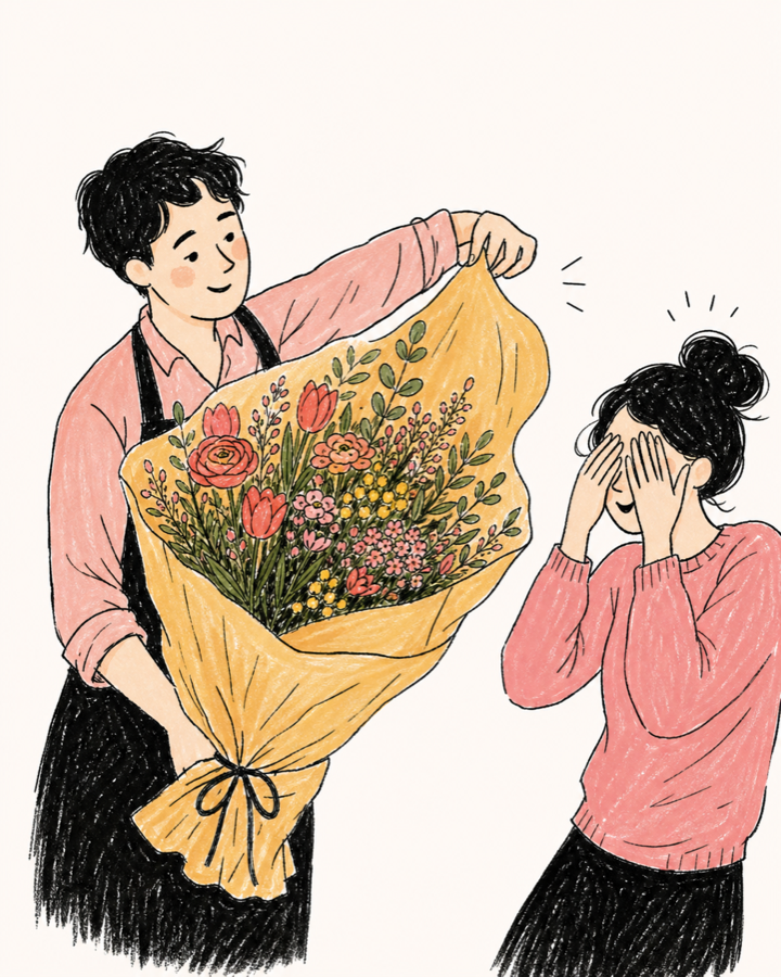 Un fleuriste dévoile un bouquet surprise à une cliente