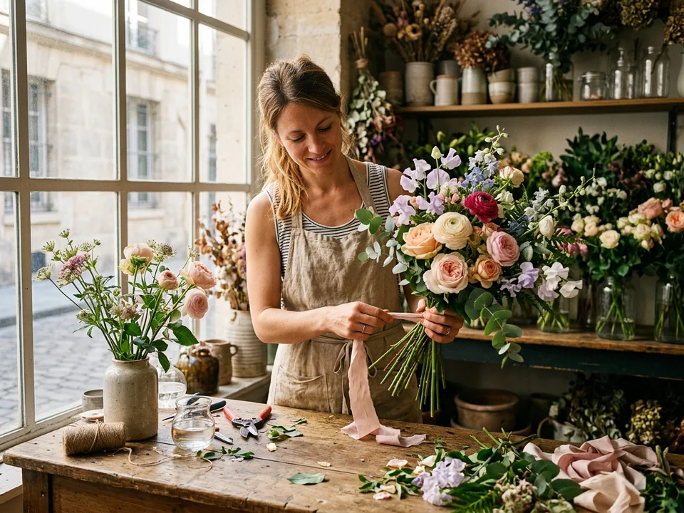 Artisane fleuriste nouant un bouquet surprise sauvage avec un ruban en atelier