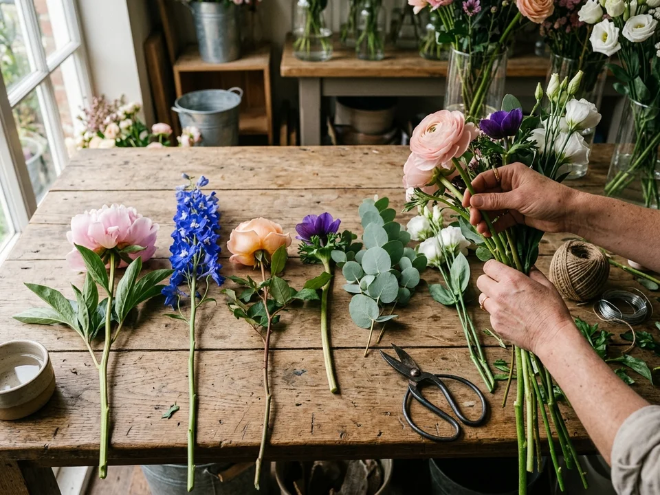 Établi de fleuriste avec sélection de tiges florales uniques et sécateur pour composition sur mesure