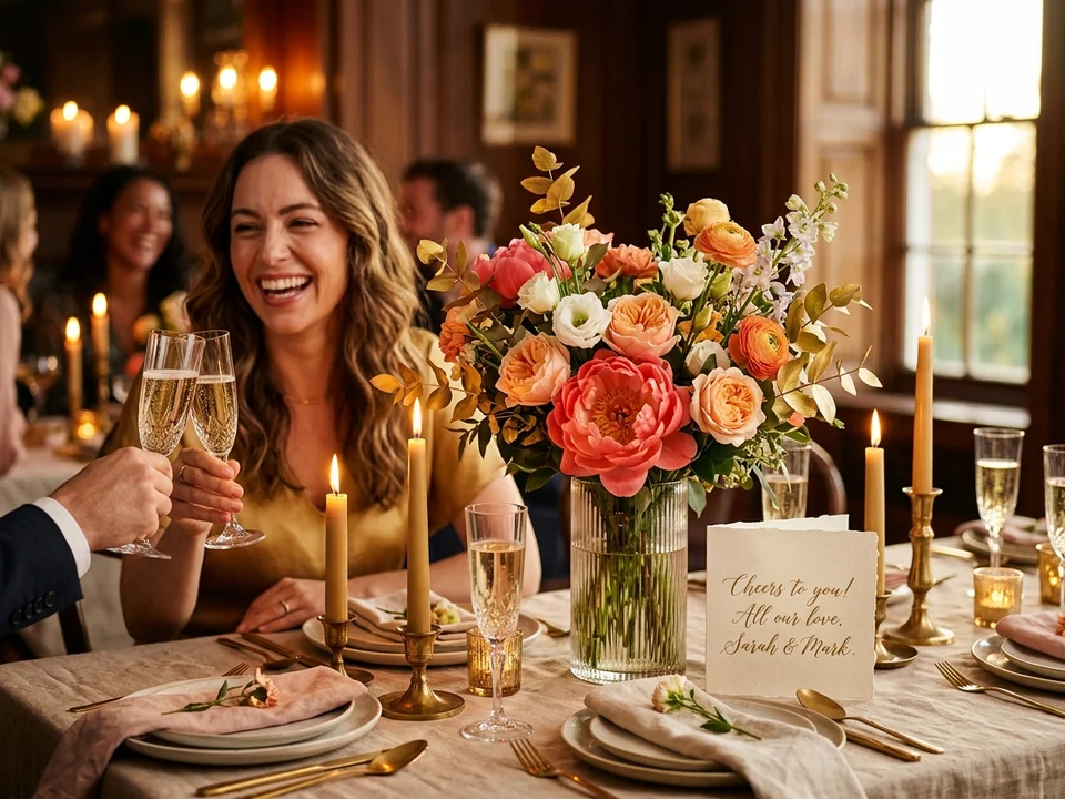 Bouquet festif et chaleureux au centre d'une table de célébration avec champagne et carte