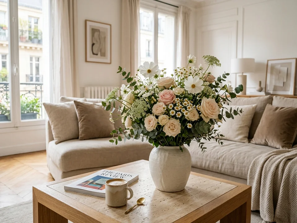 Élégant bouquet en vase céramique artisanale dans un intérieur contemporain lumineux